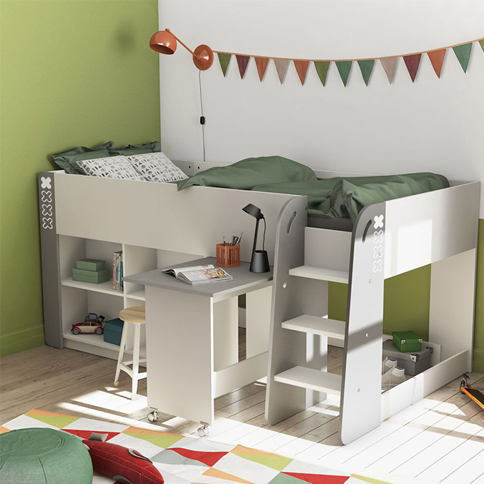 Lit combine enfant contemporain blanc/gris leopold