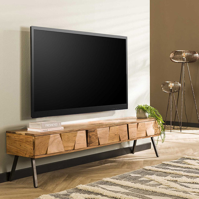 Meuble tv industriel 180 cm en acacia massif naturel ambre