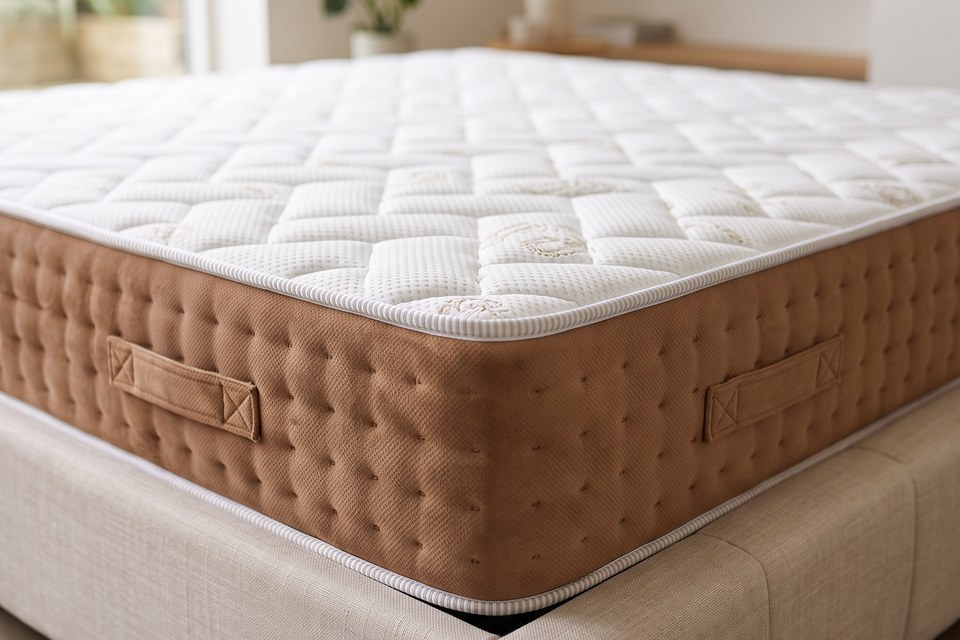 Angle du matelas Savane : coutil cashmere et bande en velours capitonné