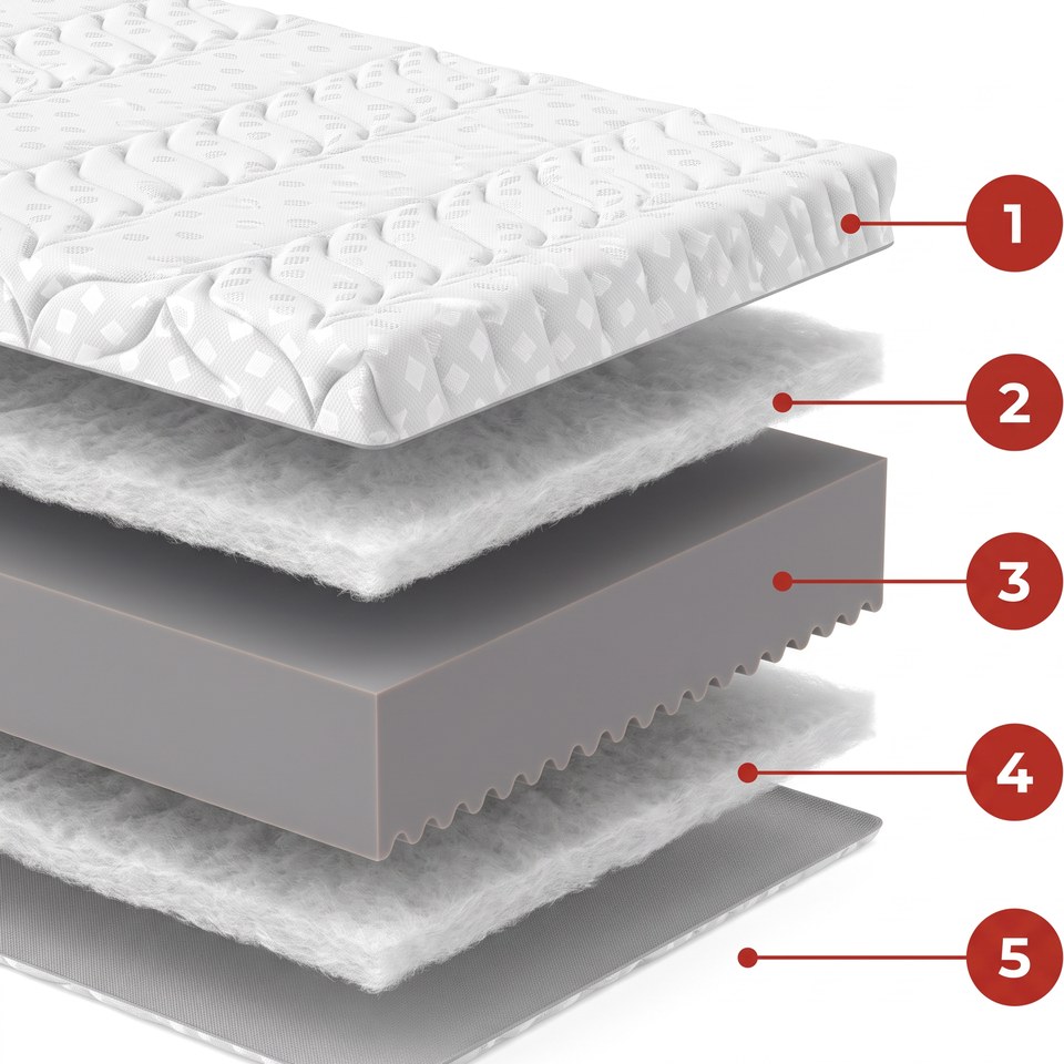 Vue éclatée du matelas Houle : housse, ouate AirFiber, noyau AirFoam Firm, ouate, housse