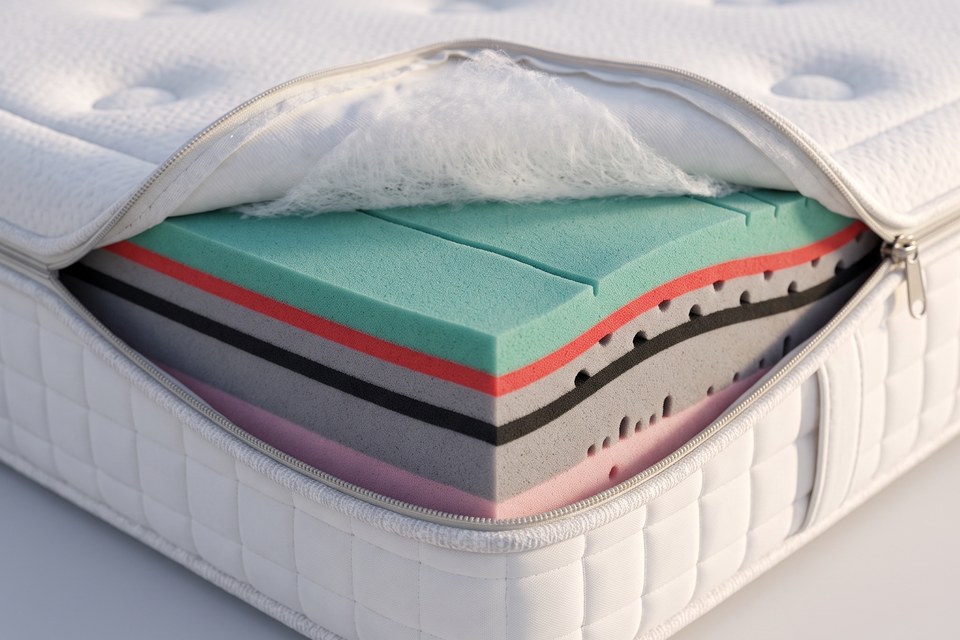 Matelas Canopée : housse partiellement retirée, coutil Relax Tencel et mousse ViscoPur AloeFeel