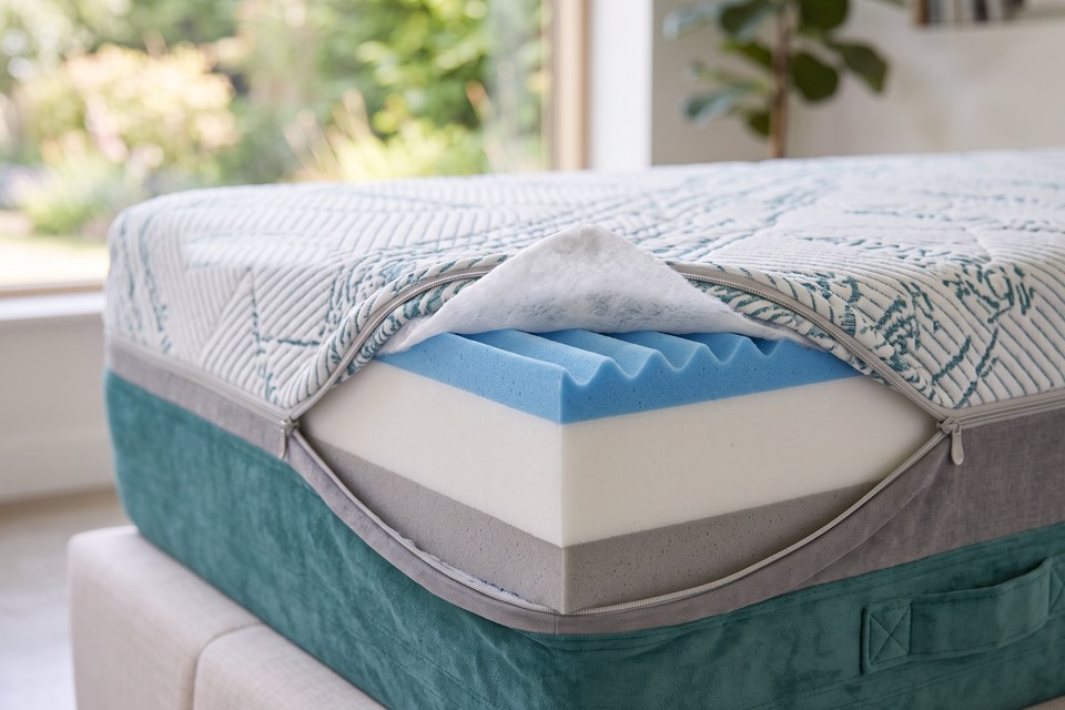 Matelas Clairière : housse partiellement retirée, coutil Meditation et mousse ViscoPur Gel