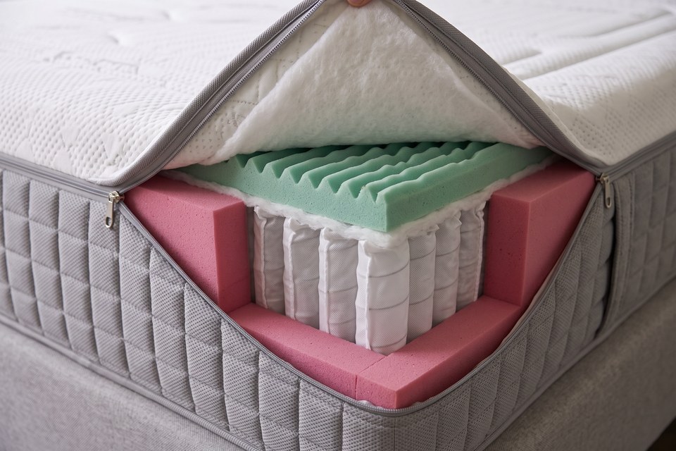 Housse amovible du matelas Embrun ouverte sur un angle, ressorts ensachés visibles