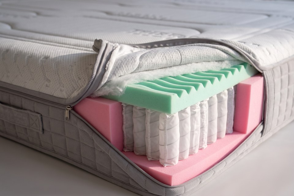 Housse amovible du matelas Glacier ouverte sur un angle, ressorts ensachés visibles