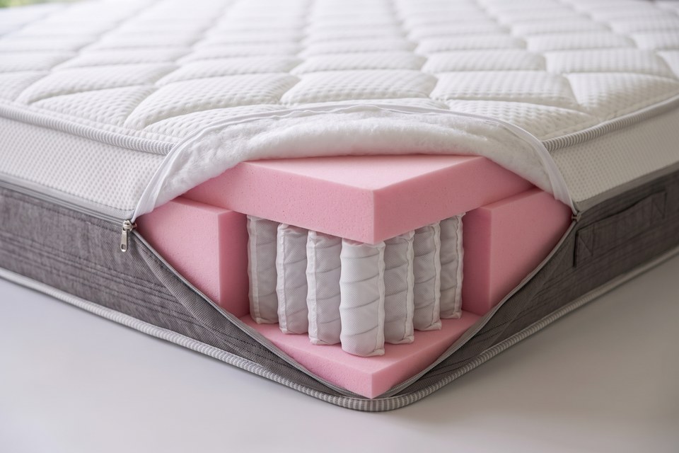 Housse amovible du matelas Granit ouverte sur un angle, ressorts ensachés visibles