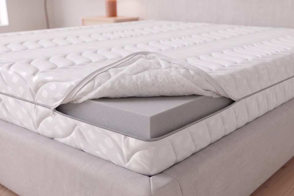 Housse déhoussable du matelas Houle ouverte sur un angle, noyau en mousse visible