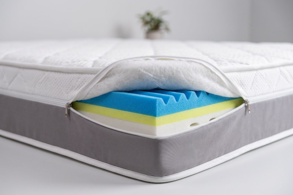Matelas Obsidienne : housse partiellement retirée, coutil Grafeno Carbon et mousse ViscoPur Gel
