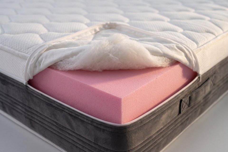 Housse amovible du matelas Promontoire ouverte sur un angle, noyau en mousse visible