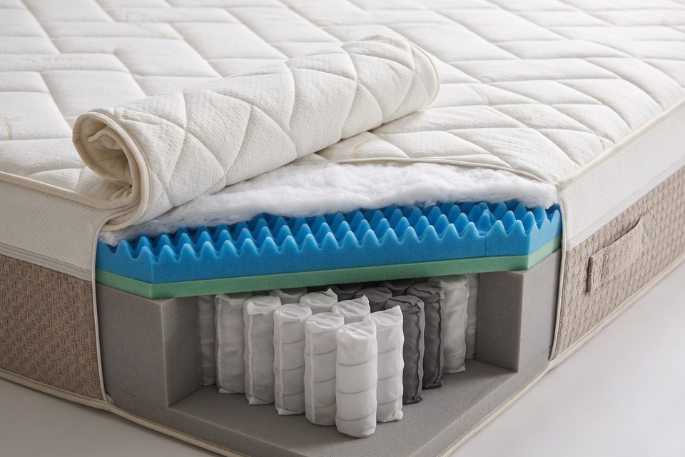 Housse amovible du matelas Rizière ouverte sur un angle, ressorts ensachés visibles
