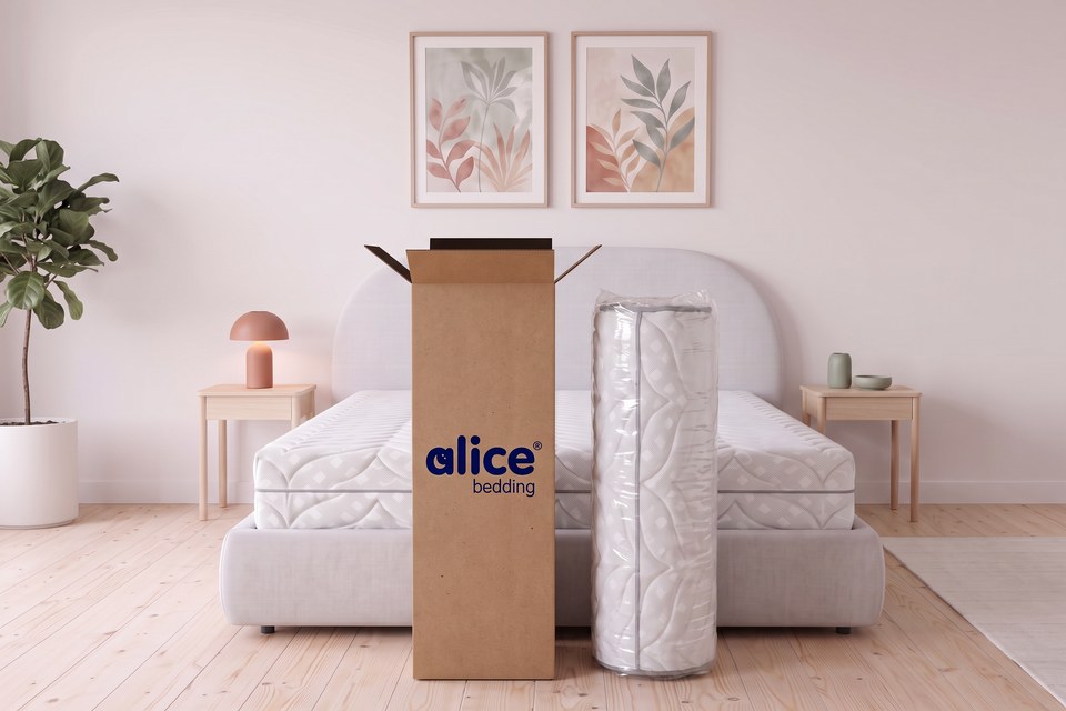 Matelas Houle livré compressé et roulé, à côté de son carton Alice Bedding