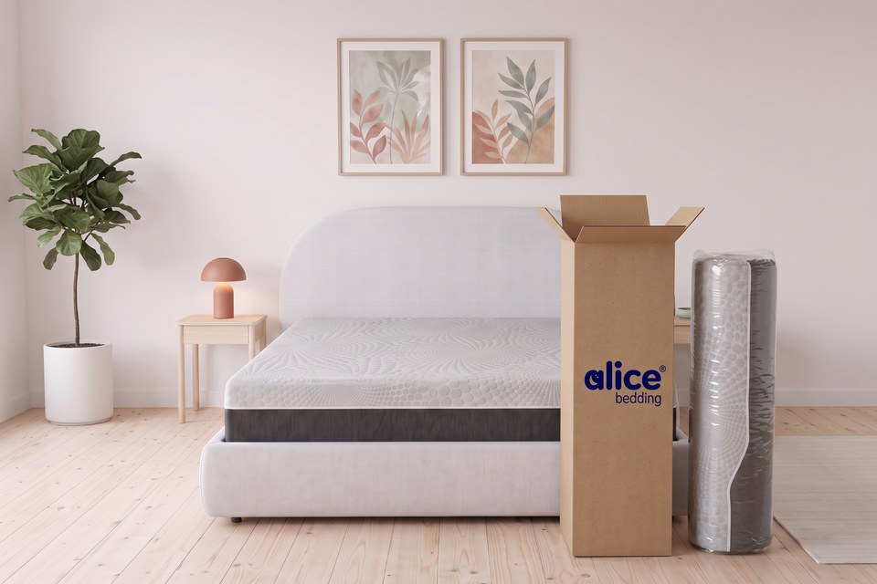 Matelas Memorial livré compressé et roulé, à côté de son carton Alice Bedding