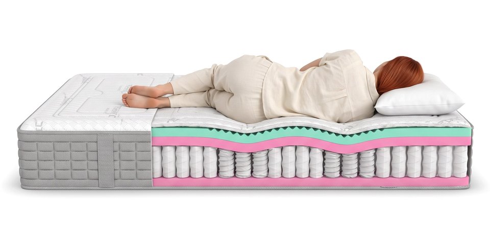 Coupe du matelas Embrun sous une dormeuse allongée sur le côté