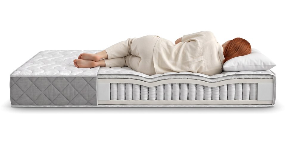Coupe du matelas Frimas sous une dormeuse allongée sur le côté