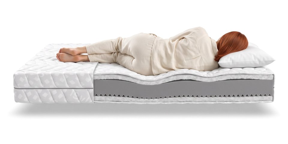 Coupe du matelas Houle sous une dormeuse allongée sur le côté