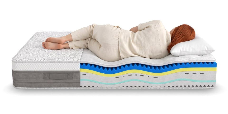 Coupe du matelas Obsidienne sous une dormeuse allongée sur le côté