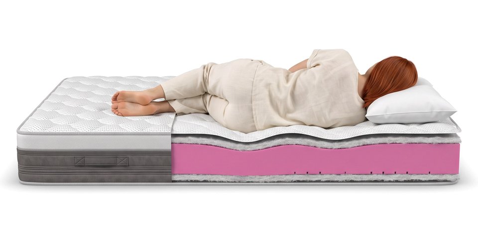 Coupe du matelas Promontoire sous une dormeuse allongée sur le côté