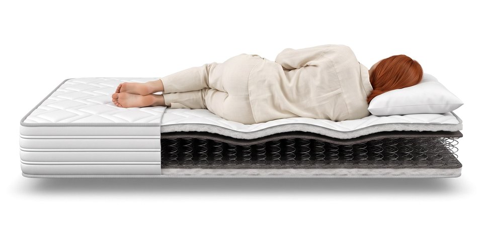 Coupe du matelas Sillon sous une dormeuse allongée sur le côté