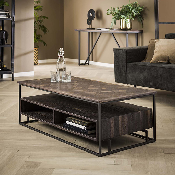 Table basse industrielle en metal et teck fonce kasper