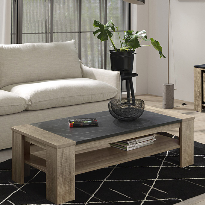 Table basse rectangulaire moderne chêne marbre noir casagrande